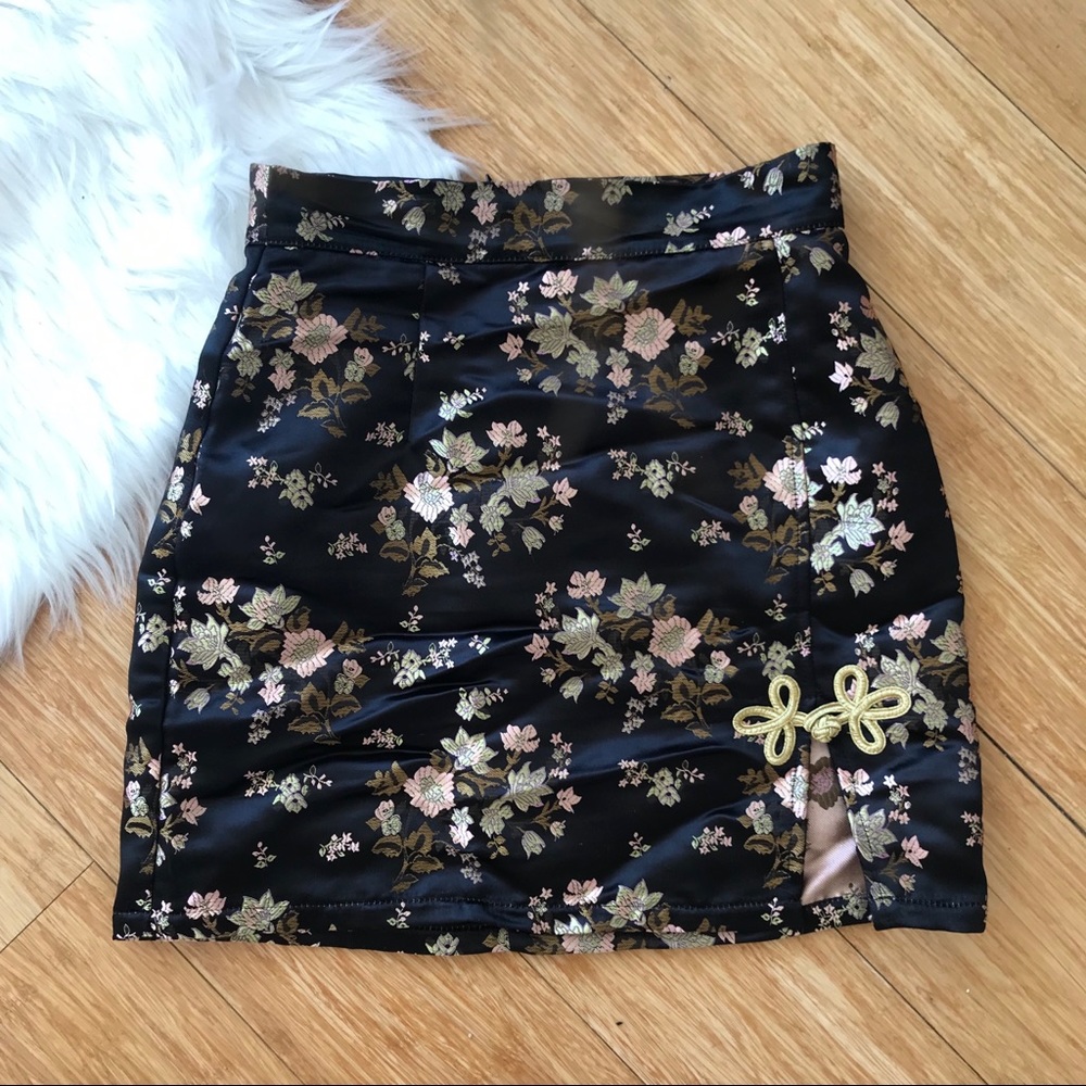 Black Satin Chinese Print Miniskirt